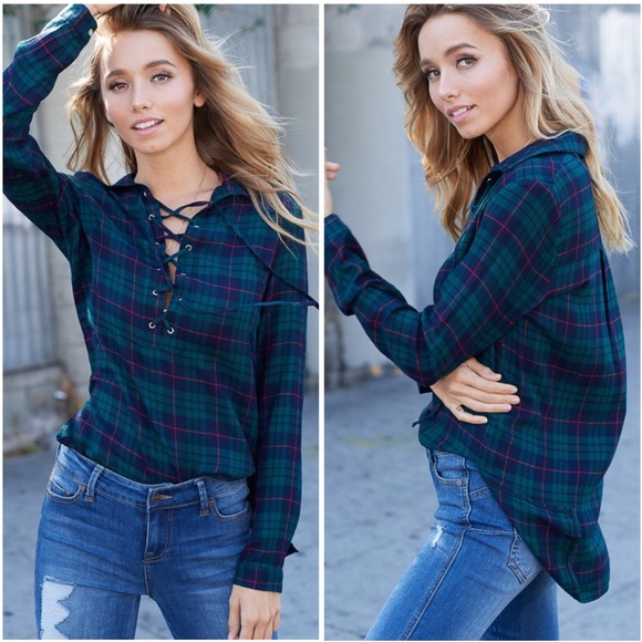 Tops - SOLD OUT CLEARANCE Olive Green Lace Up Plaid Long Sleeve Top